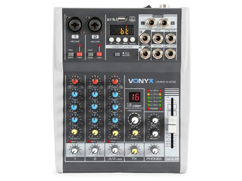 Vonyx Mischpult VMM-K402, Bauform: Pultform, Stereoeingänge: 1, Digitale Schnittstelle: USB, Mic-/Linekanäle: 2, Auxwege: 1, Powermixer: Nein