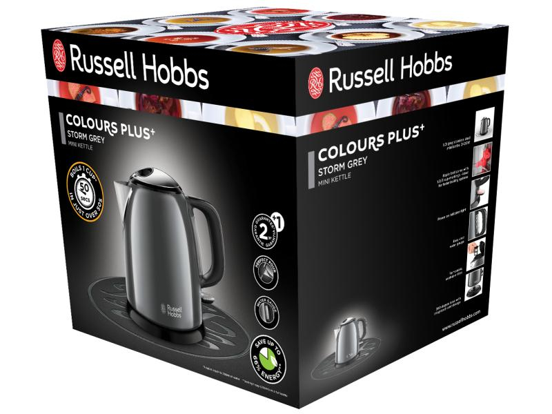 Russell Hobbs Wasserkocher 24993-70 Colours Plus 1 l, Grau, Farbe: Grau, Leistungsaufnahme Betrieb: 2400 W, Material: Edelstahl; Kunststoff, Füllmenge: 1 l, Ausstattung: 360 Grad Sockel; Kontrolleuchten; Deckelverriegelung; Wasserstandsanzeige; Kalkfilte