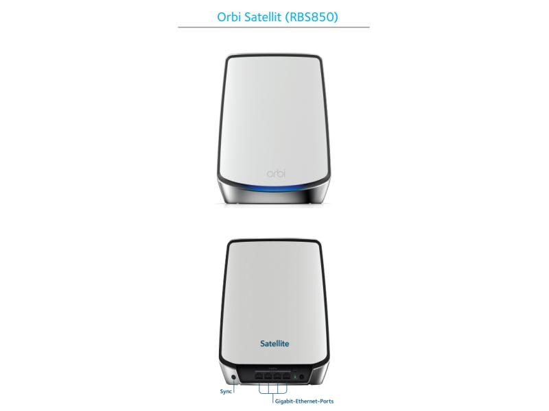 Netgear Mesh-System Orbi WiFi-6-System RBS850-100EUS Zusatz-Satellit, Anwendungsbereich: Consumer, Home, RJ-45 Anschlüsse: 4 ×, RJ-45 Geschwindigkeit: 10/100/1000 Mbit/s, WAN Anschlüsse: 0 ×, WLAN Standard: 802.11b, 802.11n, 802.11g, 802.11a, 802.11ax