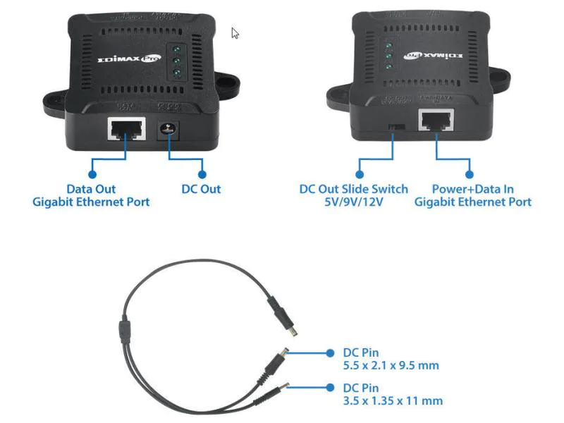 Edimax PoE+ Splitter GP-101S 1 Gbps, 5,9,12 Volt, Produkttyp: PoE+ Splitter, RJ-45 Geschwindigkeit: 10/100/1000 Mbit/s, Leistung PoE pro Port: 30 W, PoE Standard: 802.3af/at PoE+, Aussenanwendung: Nein