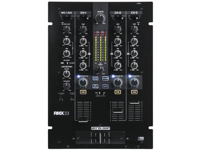 Reloop DJ-Mixer RMX-33i, Bauform: Clubmixer, Signalverarbeitung: Digital, Anzahl Kanäle: 3