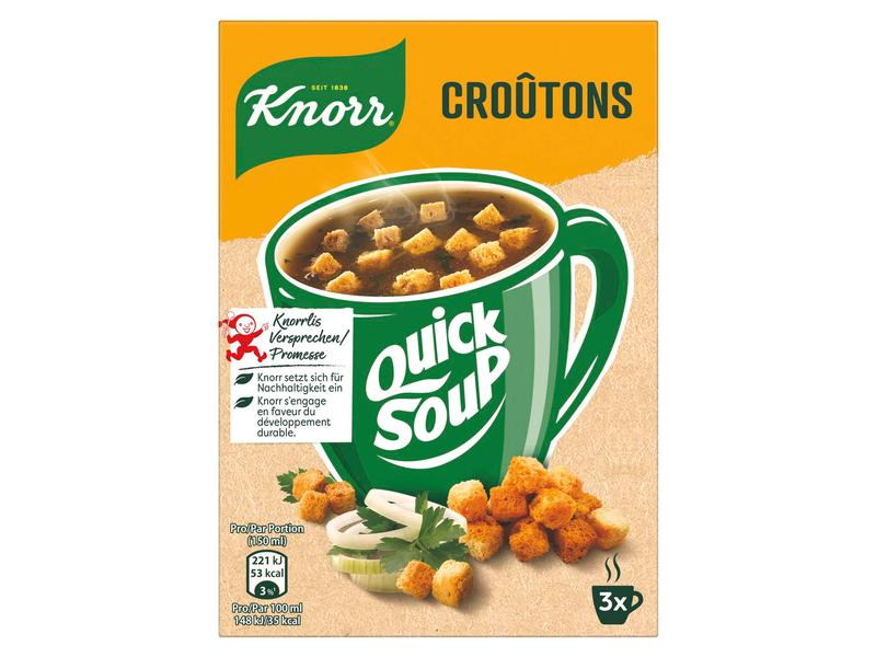 Knorr Quick Soup Croûtons 3 Portionen, Produkttyp: Instantsuppen, Ernährungsweise: Vegetarisch, Packungsgrösse: 58 g, Fairtrade: Nein, Bio: Nein, Natürlich Leben: Keine Besonderheiten