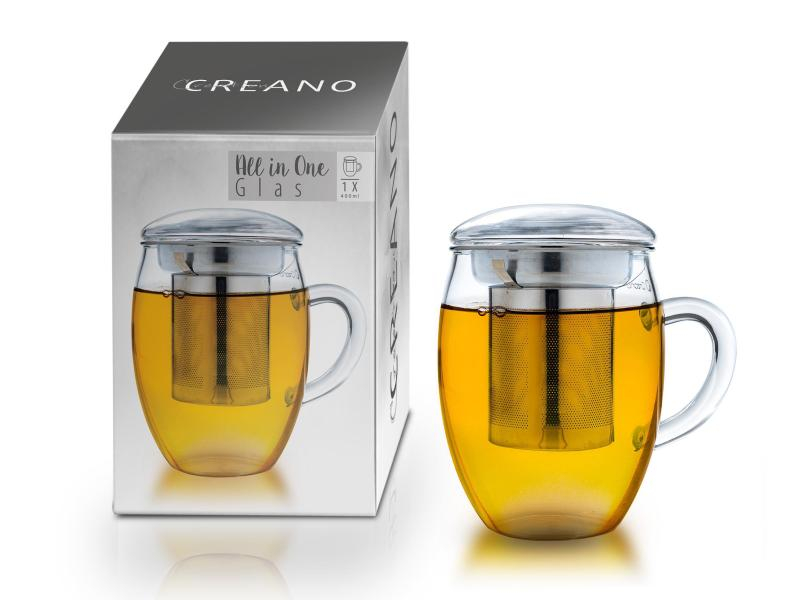 Creano Teetasse "all-in-one" 1 Stück, Tassen Typ: Teetasse, Farbe: Transparent, Material: Borosilikatglas, Verpackungseinheit: 1 Stück, Volumen: 400 ml