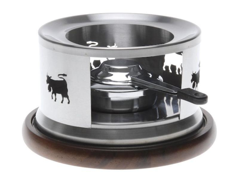 Nouvel Fondue-Rechaud Kuh mit Akazienholz, Betriebsart: Pastenbrenner, Farbe: Weiss; Silber, Set, Durchmesser 23cm