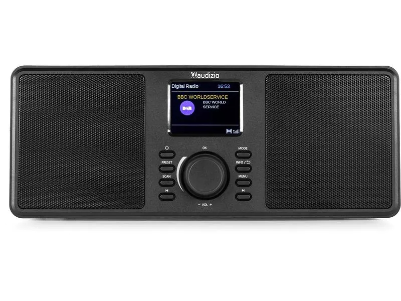 Audizio DAB+ Radio Monza Schwarz, Radio Tuner: DAB+, FM, Stromversorgung: Netzbetrieb, Detailfarbe: Schwarz, Ausstattung: Weckfunktion, Farbdisplay, Bluetooth, Kopfhöreranschluss, Sleep-Timer, DAB+, Wettervorhersage, Bedientasten, Lautstärkeregler, FM R