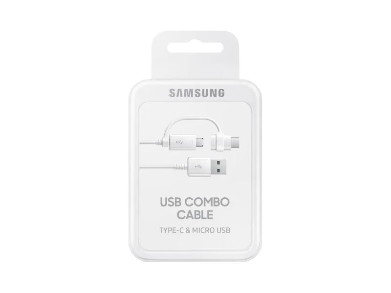 Samsung USB-Kabel USB A - Micro-USB B/USB C 1.5 m, Kabeltyp: Multiadapterkabel, Farbe: Weiss, USB Standard: 2.0 (480 Mbps), Länge: 1.5 m, USB Anschluss 2 (Endgerät): Micro-USB B, USB C, Geschlecht Anschluss 2 (Endgerät): Male (Stecker)