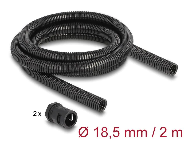 Delock Kabelschlauch 2 m x 18.5 mm Schwarz, Detailfarbe: Schwarz, Breite: 18.5 mm, Länge: 2 m, Produkttyp: Kabelschlauch, Ausstattung Kabelmanagement: Wiederverwendbar, Set, Wasserfest, Verpackungseinheit: 1 Stück