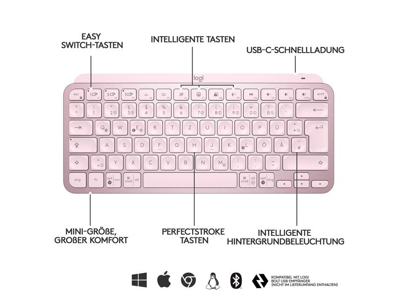 Logitech MX Keys Mini Rose CH-Layout, Tastatur Typ: Business, Mini, Tastaturlayout: QWERTZ (CH), Tastatur Features: Beleuchtung, Easy Switch, Medientasten, Hotkeys, Keyboard Tasten: Chiclet (Notebook), Detailfarbe: Rosa, Verbindungsart: Kabellos