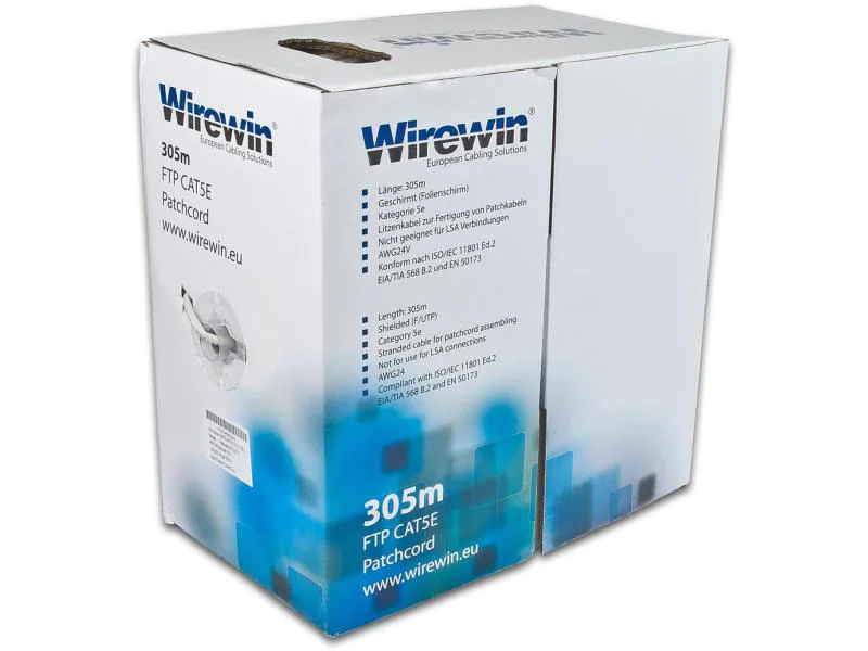 Wirewin Patchkabel: F/UTP, 305m, Cat.5e, 1Gbps, 100MHz, grau, Pull Out Box