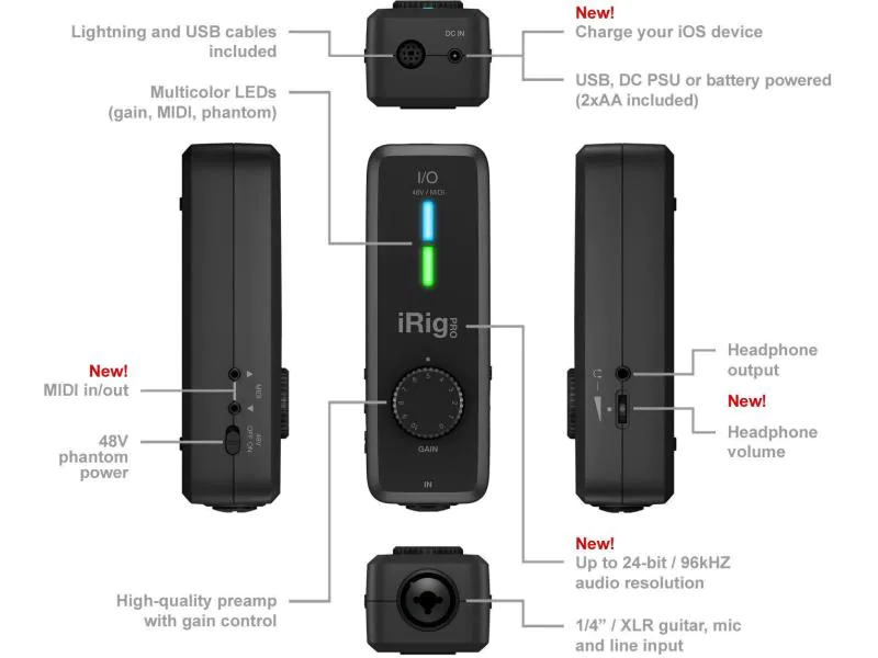 IK Multimedia Audio Interface iRig Pro I/O, Mic-/Linekanäle: 1, Abtastrate: 44.1 kHz, 96 kHz, 48 kHz, Samplingtiefe: 24 bit