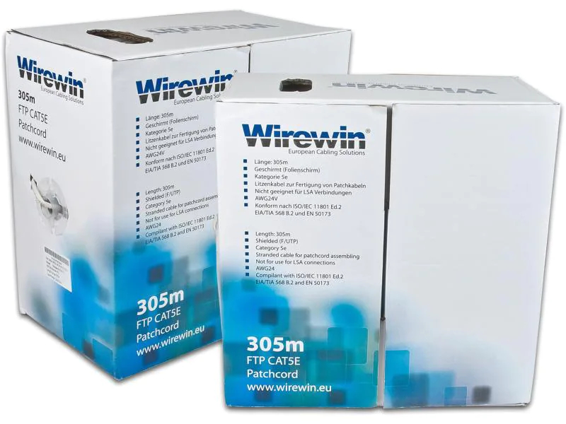 Wirewin Patchkabel: F/UTP, 305m, Cat.5e, 1Gbps, 100MHz, grau, Pull Out Box