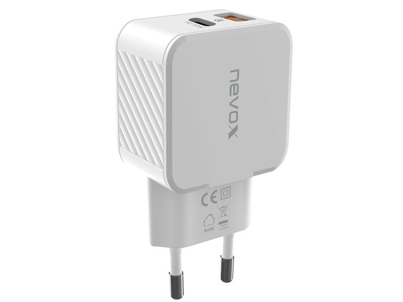 Nevox USB-Wandladegerät USB-C Power Delivery + QC 3.0 30 W, Ladeport Output: 1x QuickCharge 3.0 (variabler Ladestrom/Spannung), 1x USB Power Delivery 3.0 (variable Spannung), Detailfarbe: Weiss, USB Ladeanschluss: 2