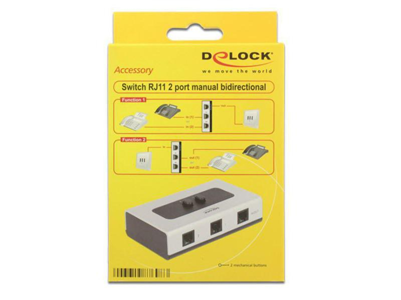 DeLock Switchbox RJ-11, 2 Port, Bedienungsart: Tasten, Steckertyp Seite A: RJ11, Anzahl Eingänge: 2 ×, Steckertyp Seite B: RJ11, Anzahl Ausgänge: 1 ×