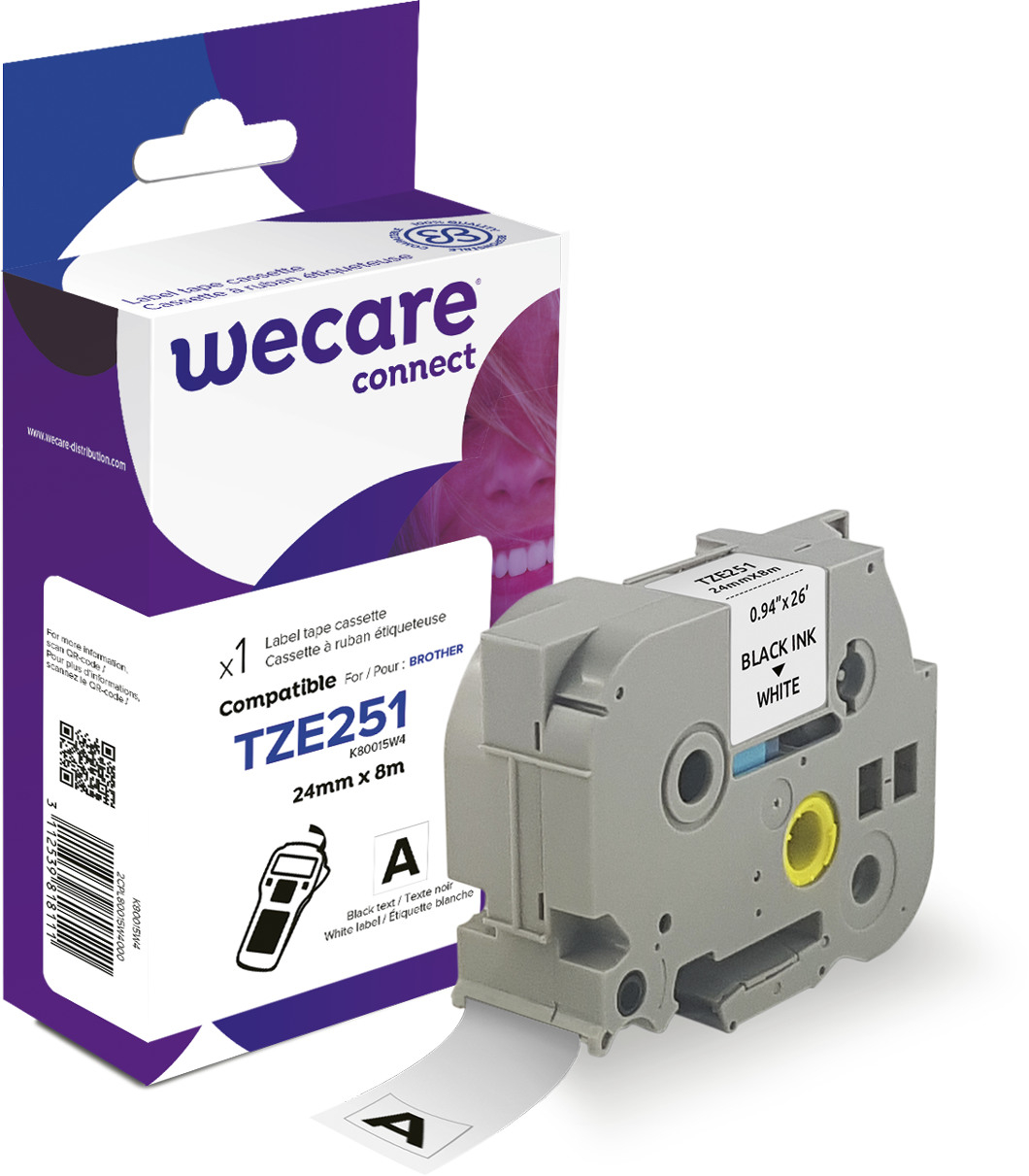 WECARE Band, laminiert schwarz/weiss Tze-251WE ersetzt Ptouch Tze-251 24mm