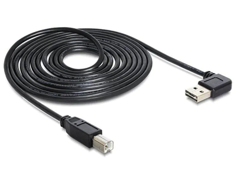 DeLock Easy USB2.0 Kabel, A - B, 2m, SW, gew., Typ: Anschlusskabel, Steckertyp Seite A: USB-A Stecker, Farbe: Schwarz, Steckertyp Seite B: USB-B Stecker, USB Standard: 2.0, Länge: 2 m, Besondere Eigenschaften: USB-A beidseitig einsteckbar