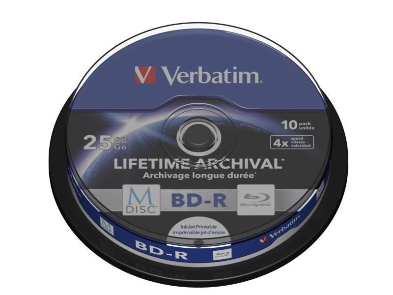 Verbatim BD-R M-Disc 25 GB, Spindel (10 Stück), Medientyp: BD-R, Speicherkapazität: 25 GB, Medien Eigenschaften: Bedruckbar, Verpackungseinheit: 10 Stück, Verpackungsart: Spindel