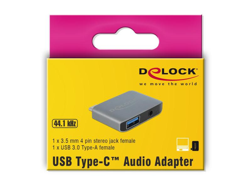 Delock Soundkarte USB Type-C Klinkenbuchse 3,5 mm + USB 3.0 A, Audiokanäle: 2-Kanal-Stereo, Schnittstelle Hardware: USB 3.0, USB-C