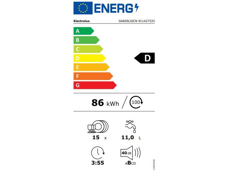 Electrolux Einbaugeschirrspüler GA60SLISCN, Integrierbar, Energieeffizienzklasse EnEV 2020: D, Energieeffizienzklasse: Keine, Einbaunormen: EU 60, Einbaumodell: Ja, Geräuschentwicklung in Betrieb: 40 dBA, Breite: 59.6 cm