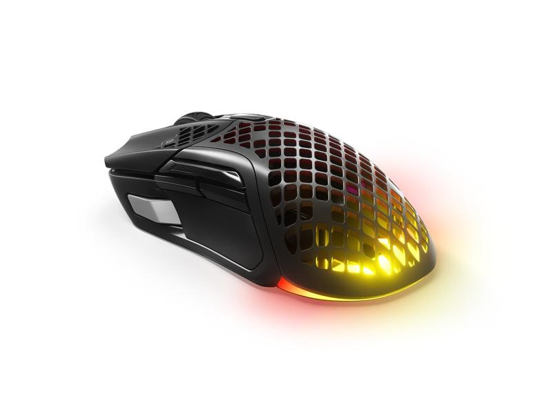 Steel Series Gaming-Maus Aerox 5 Wireless, Maus Features: RGB-Beleuchtung, Spritzwassergeschützt, Daumentaste, Programmierbare DPI-Einstellung, Staubgeschützt, Bedienungsseite: Rechtshänder, Detailfarbe: Schwarz matt, Gewicht: 74 g, Verbindungsart: Kab