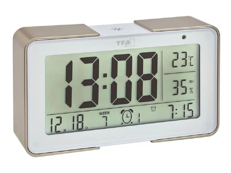 TFA Dostmann Digitalwecker Melody Weiss/Champagner, Funktionen: Snooze-Funktion, Alarm, Ausstattung: Hintergrundbeleuchtung, Displaytyp: Digital, Detailfarbe: Champagner, Weiss, Funksignal: Ja, Anzahl Zeitzonen: 1 ×