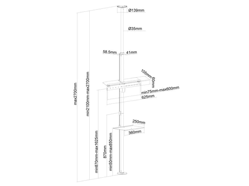 Neomounts by NewStar Boden-Deckenhalterung FPMA-CF200SILVER, Eigenschaften: Kabelführung, Maximale Bildschirmgrösse: 70 ", Maximale Tragkraft: 30 kg