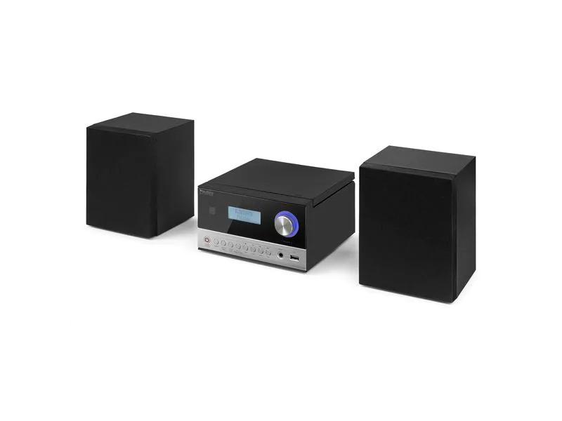 Audizio Micro-HiFi Anlage Arles Schwarz, Radio Tuner: FM, DAB+, Detailfarbe: Schwarz, Lautsprecher Kategorie: Aktiv, Verbindungsmöglichkeiten: 3.5 mm Klinke, Kopfhörer 3.5mm Klinke, USB, Ausstattung: Sleep-Timer, LC-Display, Fernbedienung, USB, FM Radio