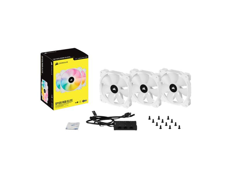 CORSAIR SP Series, White SP120 RGB ELITE, 120mm RGB LED Fan with AirGuide, Triple Pack with Lighting