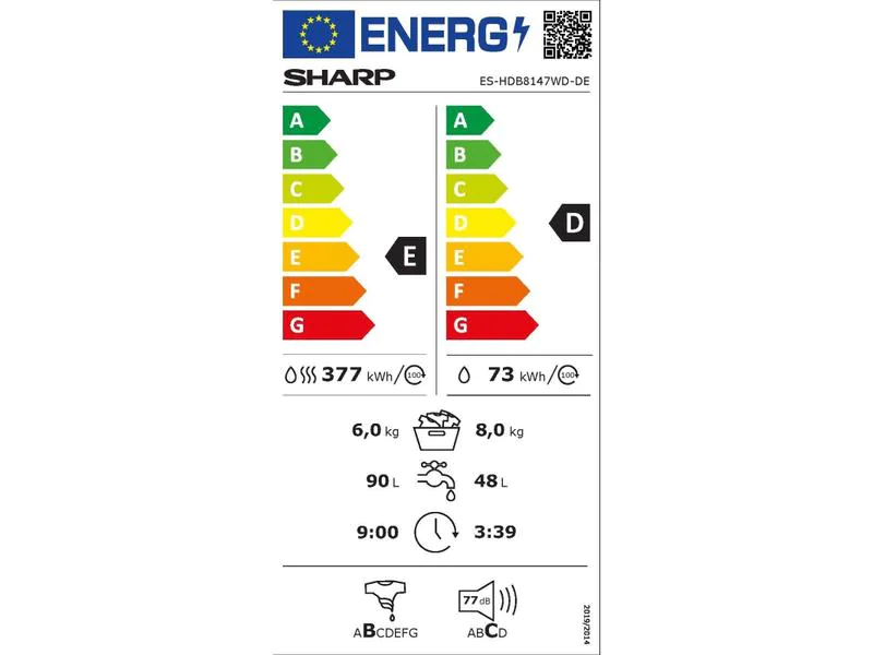 Sharp Waschtrockner ES-HDB8147WD-DE 8 kg / 6 kg, Einsatzort: Einfamilienhaus, Energieeffizienzklasse EnEV 2020: E, Beladung: Frontloader, Eingangsspannung: 230 V, Detailfarbe: Weiss, Türanschlag: Links