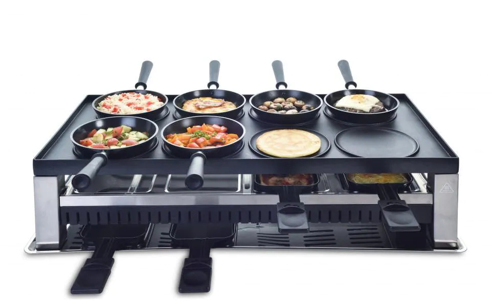 Solis 5 in 1 Table Grill Typ 791 Anzahl Personen: 8, Funktionen: Crepe-Funktion, Mini-Wok, Mini-Pizzas, Raclette, Tischgrill, Kaltzone als Pfännchenablage, Grillplatte: Edelstahl, Pfännchenablage, Zuschaltbare Unterhitze