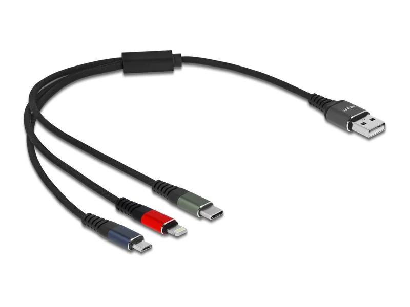 Delock USB-Ladekabel USB A - Lightning/Micro-USB B/USB C 0.3 m, Kabeltyp: Ladekabel, Detailfarbe: Mehrfarbig, USB Standard: 2.0 (480 Mbps), Länge: 0.3 m, USB Anschluss 2 (Endgerät): Micro-USB B, Lightning, USB C, Geschlecht Anschluss 2 (Endgerät): Male