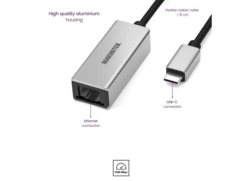 Marmitek Adapter Connect USB-C groesser als Ethernet, Eingänge: USB-C, Ausgänge: RJ-45