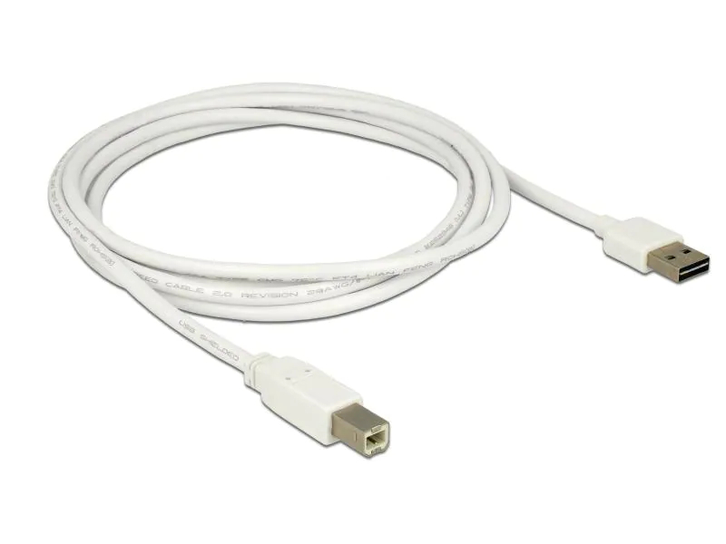 DeLock USB2.0 Easy Kabel, A-B, 2m, Weiss, Typ: Anschlusskabel, Steckertyp Seite A: USB-A Stecker, Farbe: Weiss, Steckertyp Seite B: USB-B Stecker, USB Standard: 2.0, Länge: 2 m, Besondere Eigenschaften: USB-A beidseitig einsteckbar