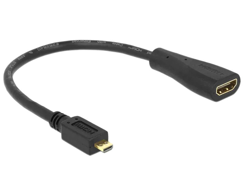 DeLock Adapterkabel Micro-HDMI - HDMI, 23 cm Schwarz, Kabeltyp: Adapterkabel, Videoanschluss Seite A: Micro-HDMI, Videoanschluss Seite B: HDMI