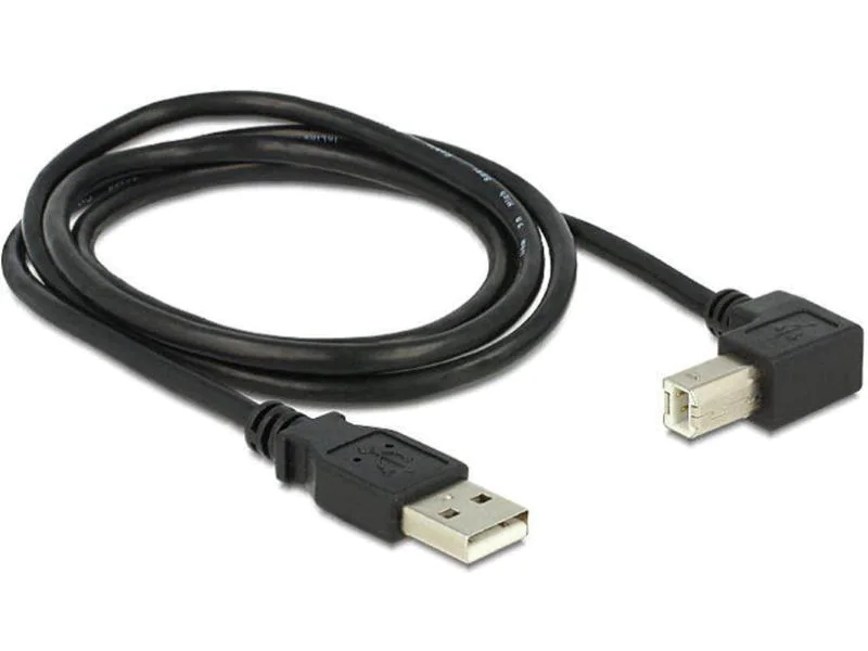 DeLock USB2.0 Kabel, A - B, 1m, SW, gew., Typ: Anschlusskabel, Steckertyp Seite A: USB-A Stecker, Farbe: Schwarz, Steckertyp Seite B: USB-B Stecker, USB Standard: 2.0, Winkelstecker: Einseitig gewinkelt, Länge: 1 m, Besondere Eigenschaften: Keine