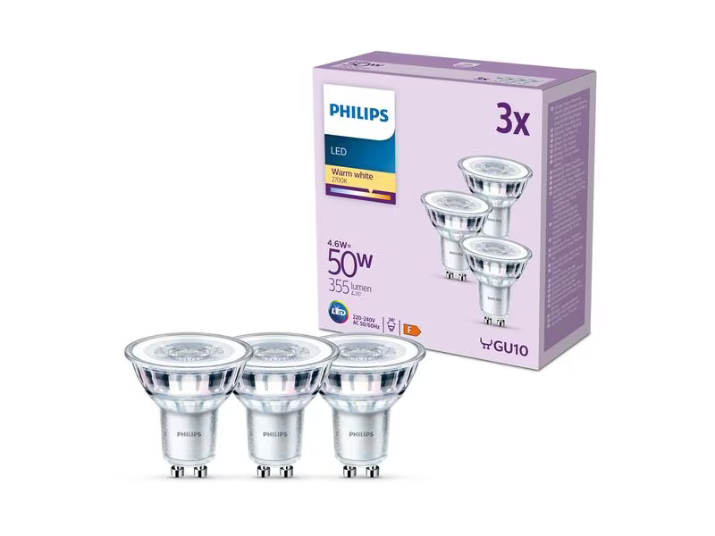 Philips Lampe (50W), 4.6W, GU10, Warmweiss, 3 Stück, Energieeffizienzklasse EnEV 2020: F, Lampensockel: GU10, Gesamtleistung: 4.6 W, Dimmbar: nicht dimmbar, Zusätzliche Ausstattung: Keine, Glühbirne Äquivalent: 50 W
