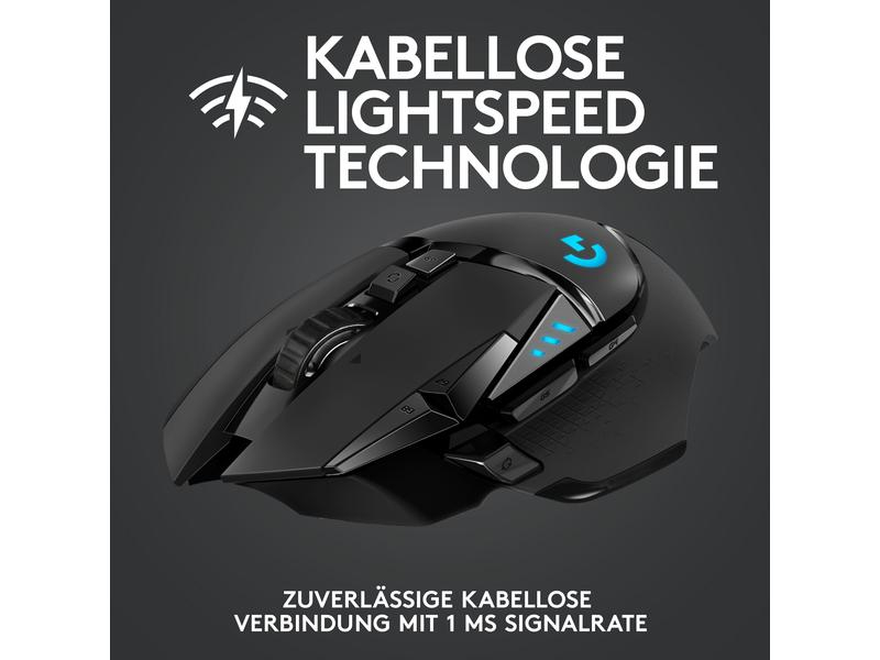 Logitech Gaming-Maus G502 Lightspeed Wireless, Maus Features: Daumentaste; Scrollrad; RGB-Beleuchtung; Herausnehmbare Gewichte; Hyperschnelles Scrollen; Programmierbare Tasten, Bedienungsseite: Rechtshänder, Farbe: Schwarz, Gewicht: 114 g, Anzahl Tasten: