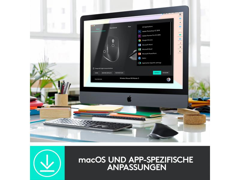 Logitech Maus MX Master 3 for Mac, Maus-Typ: Standard, Maus Features: Seitliches Scrollrad, Scrollrad, Daumentaste, Bedienungsseite: Rechtshänder, Farbe: Graphit, Verbindungsart: Kabellos, Schnittstelle: Bluetooth