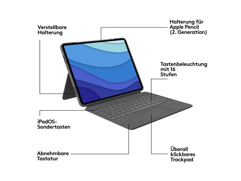 Logitech Tablet Tastatur Cover Combo Touch iPad Pro 12.9" 5. Gen., Verbindungsmöglichkeiten: Smart Connector, Tastaturlayout: QWERTZ (CH), Kompatible Hersteller: Apple, Bildschirmdiagonale: 12.9 ", Farbe: Grau, Tablet Kompatibilität: iPad Pro 12.9" (5.