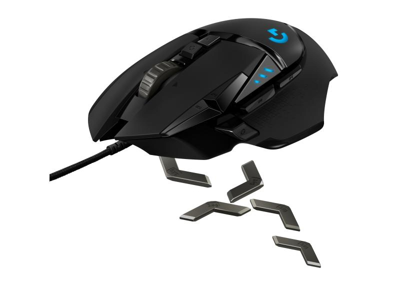 Logitech Gaming-Maus G502 HERO, Maus-Typ: Gaming, Bedienungsseite: Rechtshänder, Maus Features: Daumentaste; Scrollrad; Beleuchtung; Herausnehmbare Gewichte; Umschaltbare DPI-Auflösung, Farbe: Schwarz, Verbindungsart: Verkabelt, Schnittstelle: USB