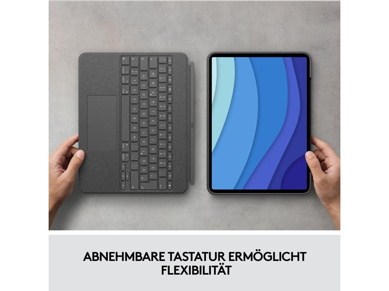 Logitech Tablet Tastatur Cover Combo Touch iPad Pro 12.9" 5. Gen., Verbindungsmöglichkeiten: Smart Connector, Tastaturlayout: QWERTZ (CH), Kompatible Hersteller: Apple, Bildschirmdiagonale: 12.9 ", Farbe: Grau, Tablet Kompatibilität: iPad Pro 12.9" (5.