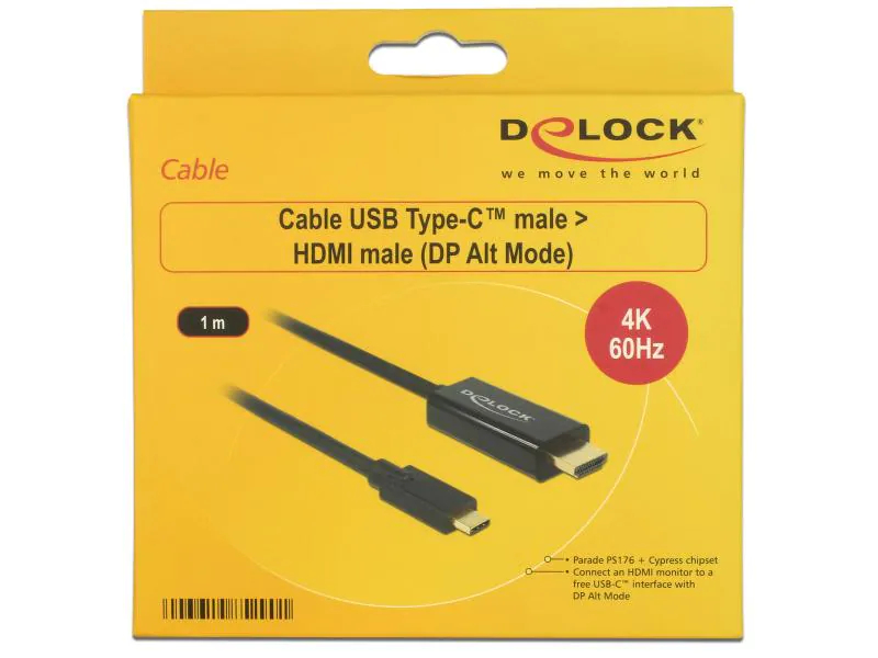 DeLock Kabel USB Type-C Thunderbolt 3 - HDMI Typ A, 1 m, Typ: Anschlusskabel, Videoanschluss Seite A: USB Type-C; Thunderbolt 3, Videoanschluss Seite B: HDMI Typ A, Farbe: Schwarz, Länge: 1 m, USB-C Anschluss muss Displayport Alternate Mode oder Thunderb