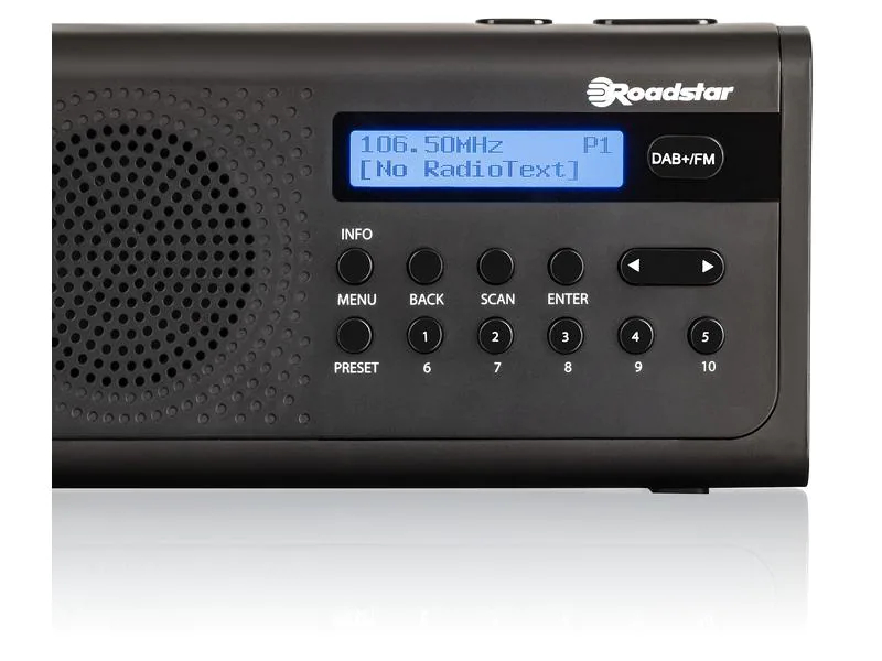 Roadstar DAB+ Radio TRA-300D+ Schwarz, Radio Tuner: DAB+, FM, Stromversorgung: Netzbetrieb, Batteriebetrieb, Farbe: Schwarz, Ausstattung: Weckfunktion, Senderspeicher, Schlummerfunktion, LC-Display, Sleep-Timer, Typ: Portabler Radio