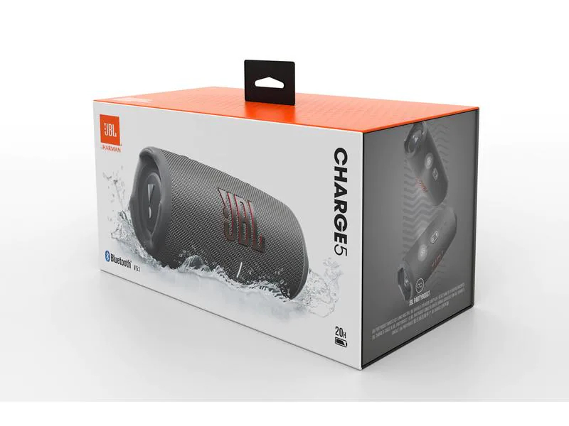 JBL Bluetooth Speaker Charge 5 Grau, Verbindungsmöglichkeiten: Bluetooth, Widerstandsfähigkeit: IP67, Staubgeschützt, Wasserfest, Stromversorgung: Akkubetrieb, Farbe: Grau, Ausstattung: Powerbank, Kapazität Wattstunden: 27 Wh