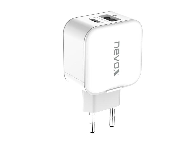 Nevox USB-Wandladegerät USB-C Power Delivery + QC 3.0 18 W, Ladeport Output: 1x QuickCharge 3.0 (variabler Ladestrom/Spannung), 1x USB Power Delivery 3.0 (variable Spannung), Farbe: Weiss, USB Ladeanschluss: 2