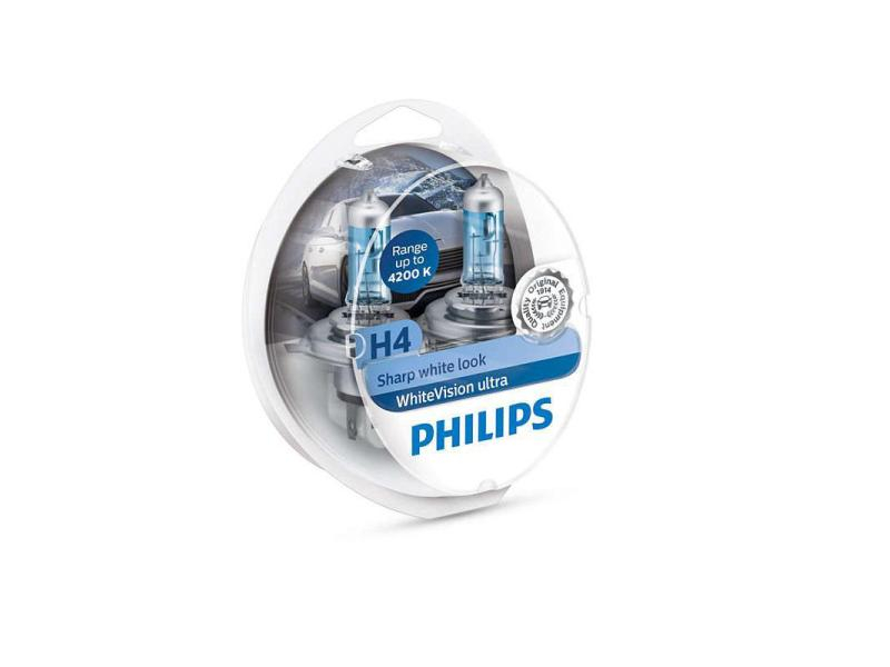 Philips Automotive H4 WhiteVision ultra PKW, Länge: 11 cm, Farbtemperatur: Warmweiss, Leuchtmittel Technologie: Halogen, Leuchten Art: H4, Lampensockel: P43t-38, Set: Ja