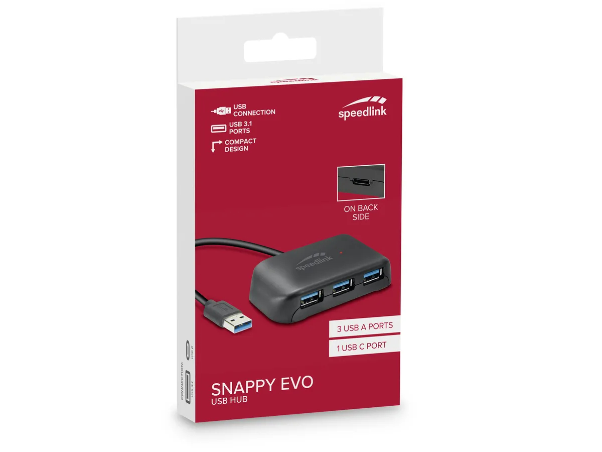 SPEEDLINK SNAPPY EVO USB-A Hub, 4-Port SL-140109-BK USB 3.2 (5 Gbit-s), black