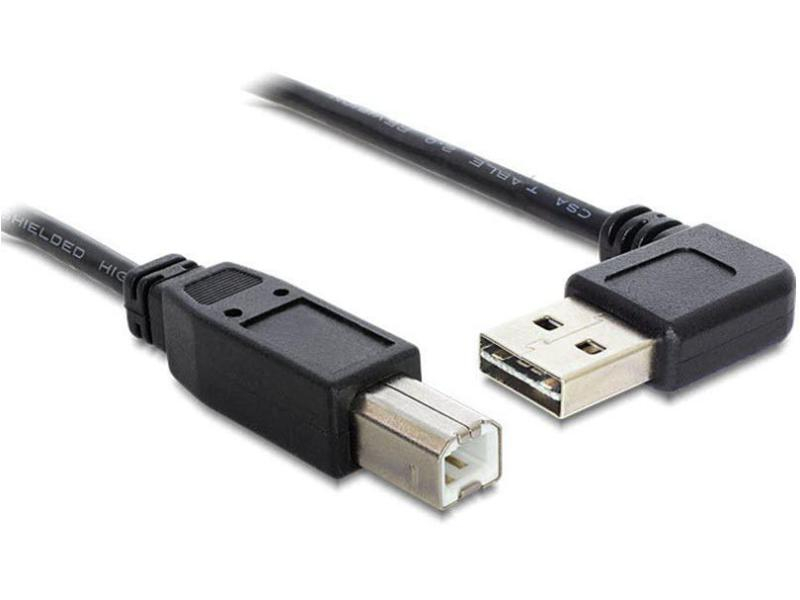 DeLock Easy USB2.0 Kabel, A - B, 1m, SW, gew., Typ: Anschlusskabel, Steckertyp Seite A: USB-A Stecker, Farbe: Schwarz, Steckertyp Seite B: USB-B Stecker, USB Standard: 2.0, Winkelstecker: Einseitig gewinkelt, Länge: 1 m, Besondere Eigenschaften: USB-A be