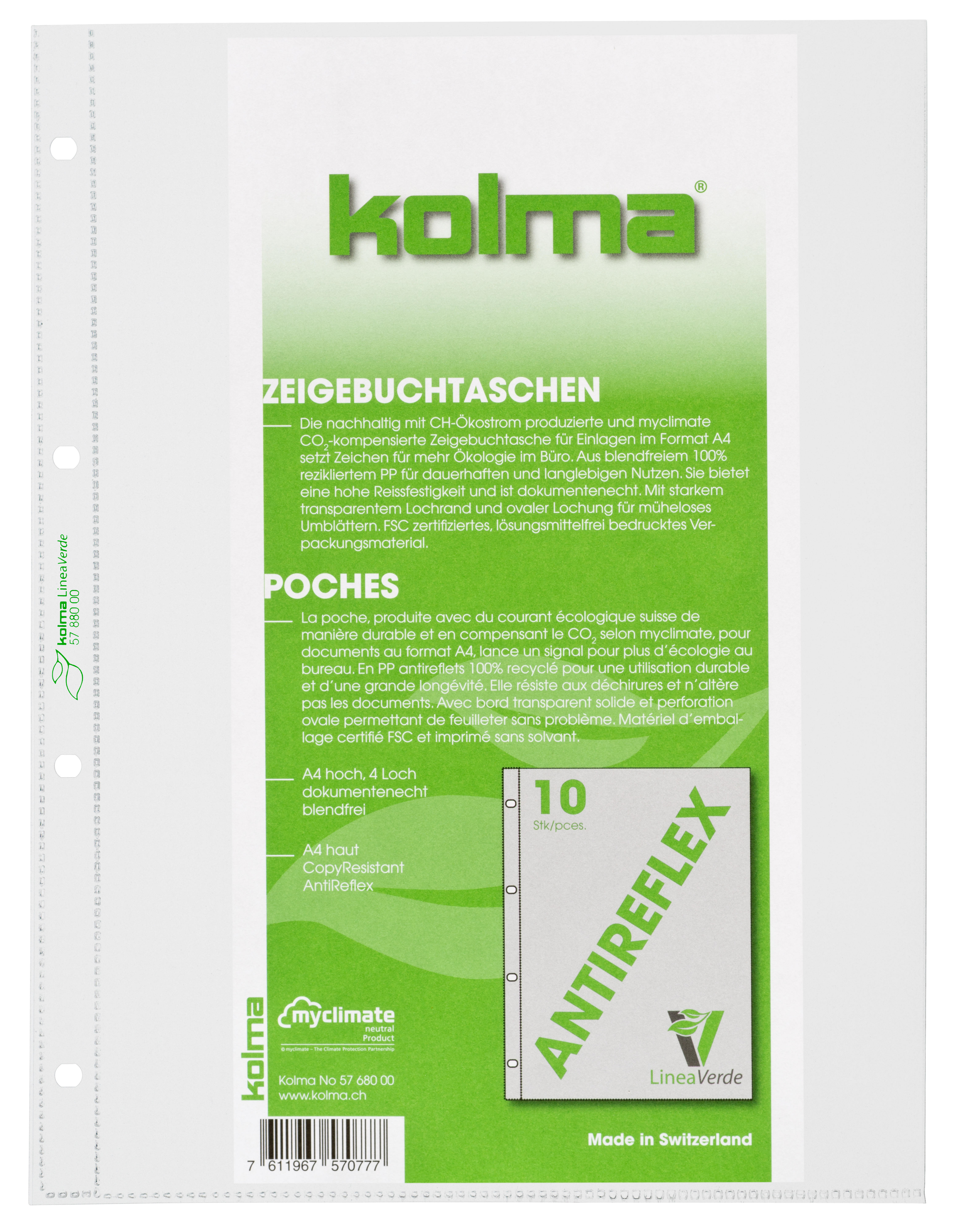 KOLMA Zeigebuchtaschen LineaVerde A4 57.880.00 transp.,CopyResistant 100 Stk.