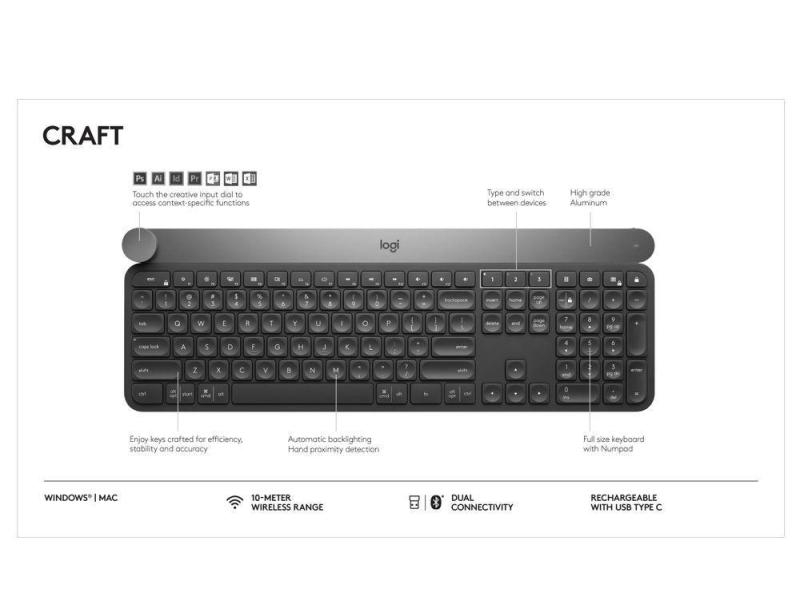 Logitech Tastatur CRAFT Tastatur Typ: Wireless, Tastaturlayout: QWERTZ (CH), Tastatur Features: Bluetooth, USB Wireless, Batteriestandsanzeige, Ein-/Ausschalter, Ziffernblock, Keyboard Tasten: Klassisch (Knöpfe), Farbe: Schwarz, Verbindung Maus/Tastatur: