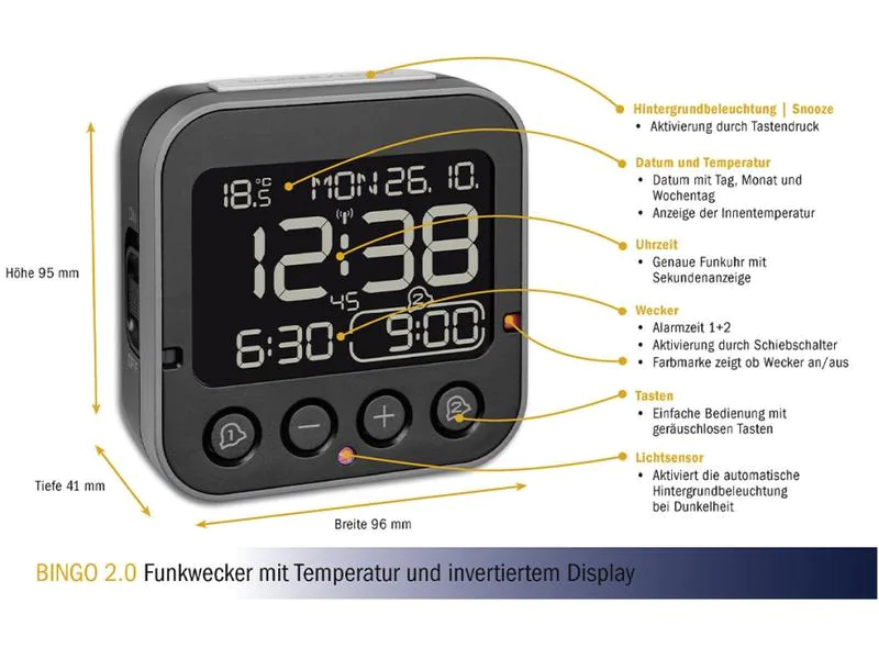 TFA Dostmann Funkwecker Bingo Schwarz